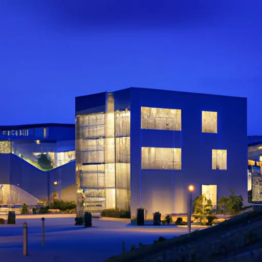 CO² neutrales Gebäude realistic photo of, award winning photograph, 50mm Photography: Landscape. Lighting: Blue hour. Resolution: 1080p (1920x1080).