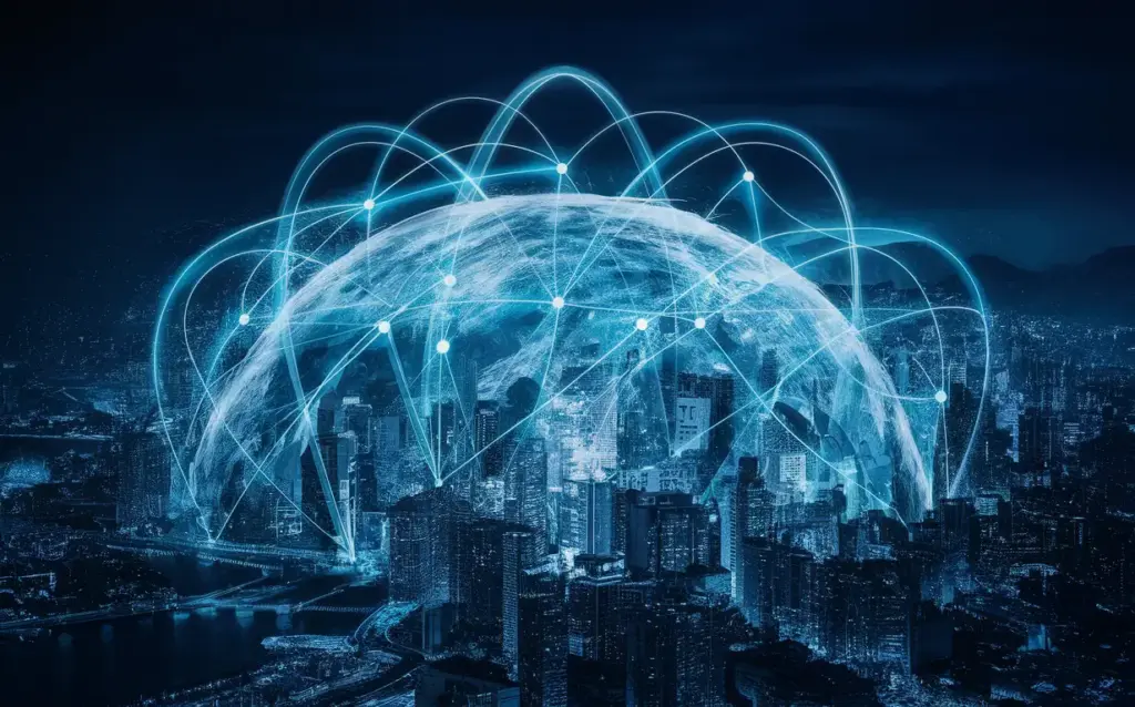 Globale digitale Vernetzung, Smart City Konzept, futuristische Stadtlandschaft, high-tech Infrastruktur, technologische Innovationen in urbanen Räumen.