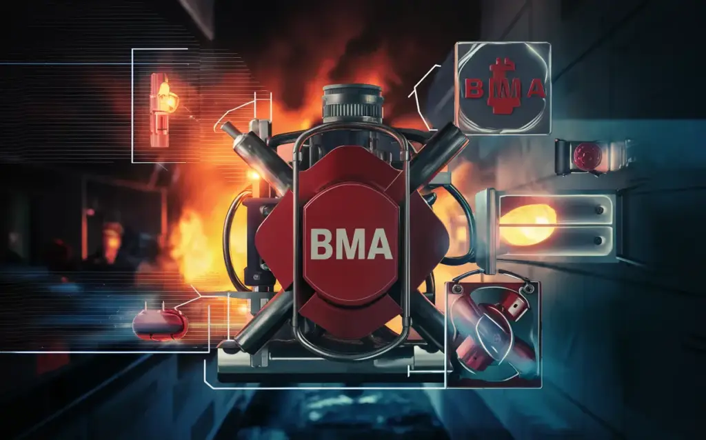 BMA fire extinguishing system in real time, versatile firefighting technology, safety in focus.