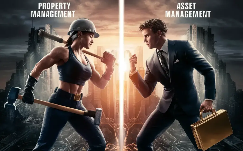 Powerful comparison between property management and asset management in an urban skyline scene.