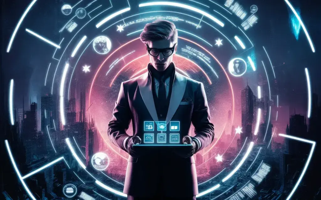 Innovative young man with futuristic tablet in front of digital city and world map, technology and innovation.