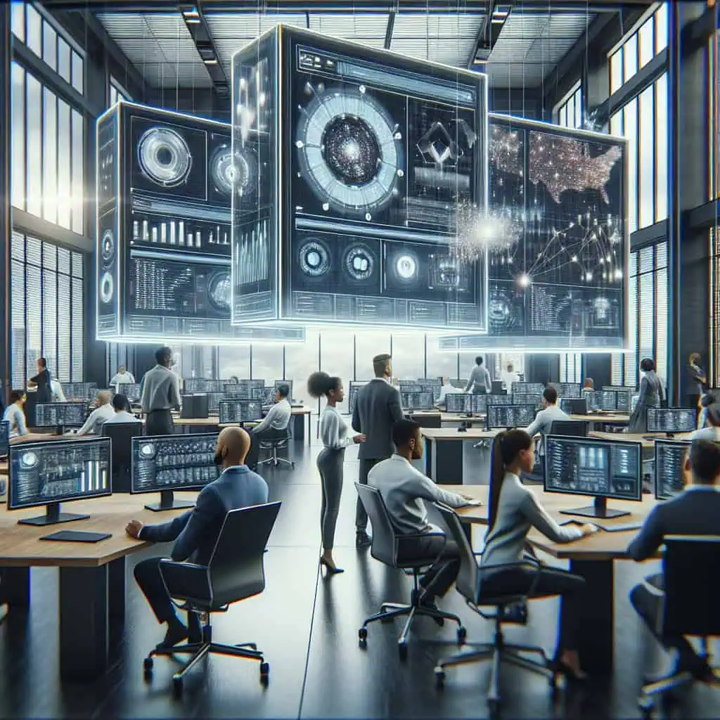 Innovatives Kontrollzentrum mit moderner Technologie und digitalen Datenvisualisierungen für effizientes Facility Management.