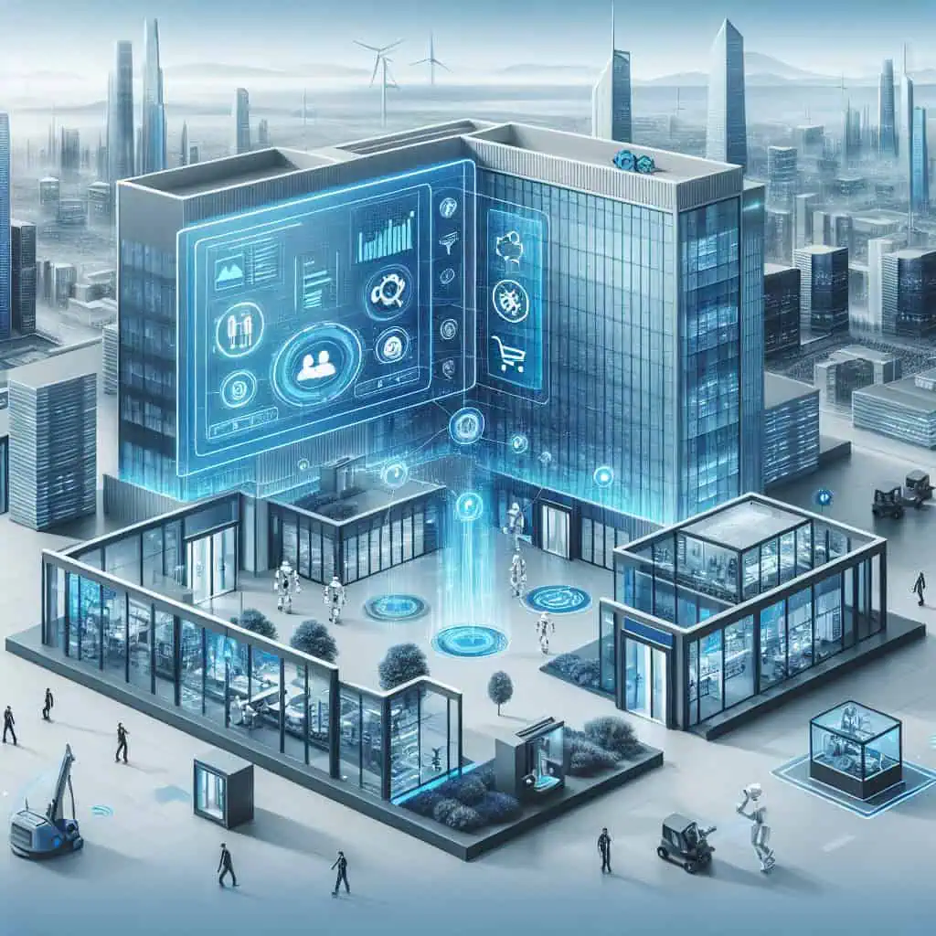 Digitale gebäudeinfrastruktur mit IoT und smart building technologie, modernes Bürogebäude in einer smart city, 3D-Rendering.
