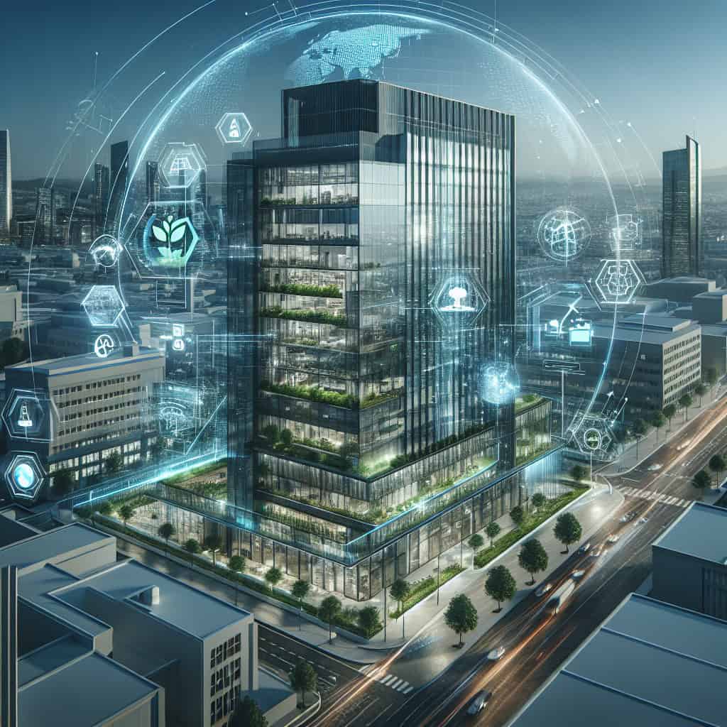 Fortschrittliches Gebäude mit digitaler Smart-Technology im urbanen Umfeld.