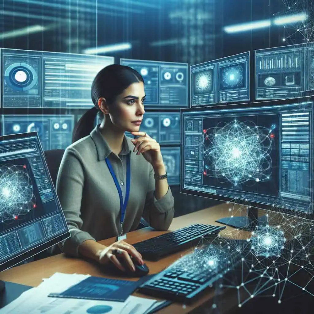 CMMS verstehen: Rechnergestützte Instandhaltungsmanagementsysteme erklärt 6 Frau arbeitet an mehreren Computern mit fortschrittlicher Datenvisualisierung.