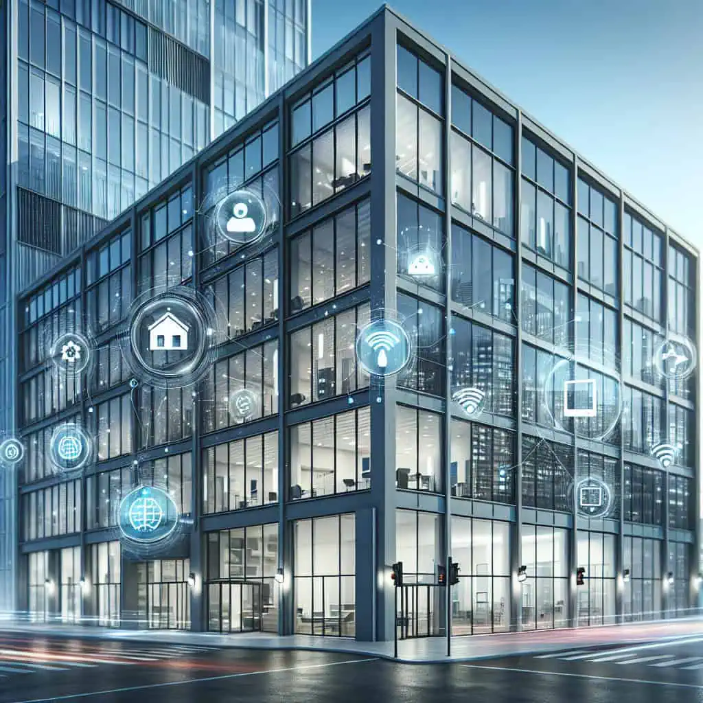 IoT im Facility Management: Intelligente Gebäudeautomation 5 Modernes Bürogebäude mit IoT- und Smart-Home-Icons.