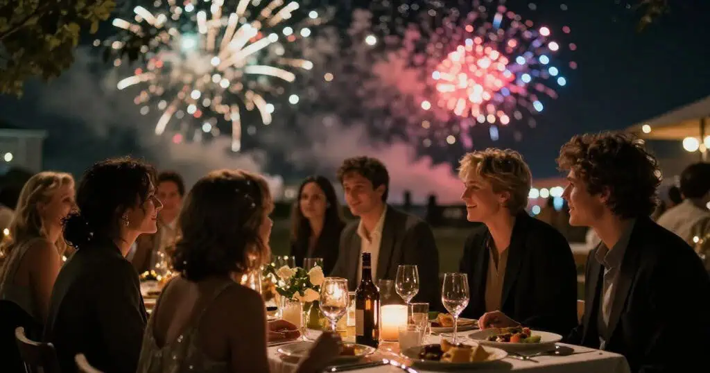 Neujahrsvorsätze 2026 für Facility Manager 10 Festliche Abendgesellschaft mit Feuerwerksfeuer im Hintergrund.