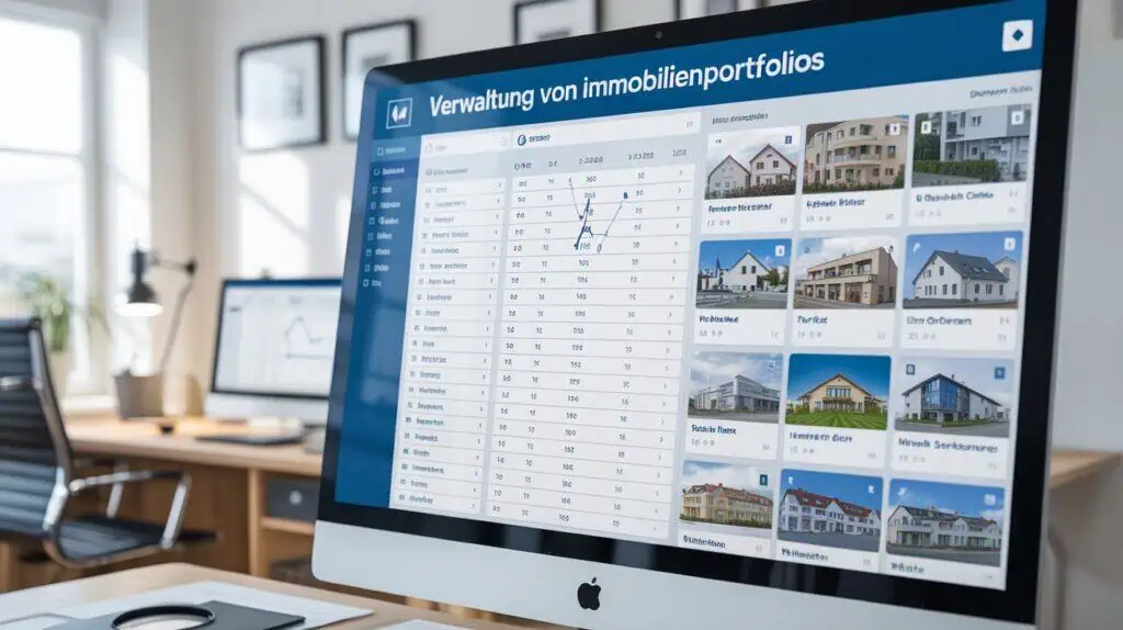 Property Management Software: Verwaltung von Immobilienportfolios 7 Bildschirm zeigt Immobilienverwaltung mit Portfolio-Übersicht und Fotos.