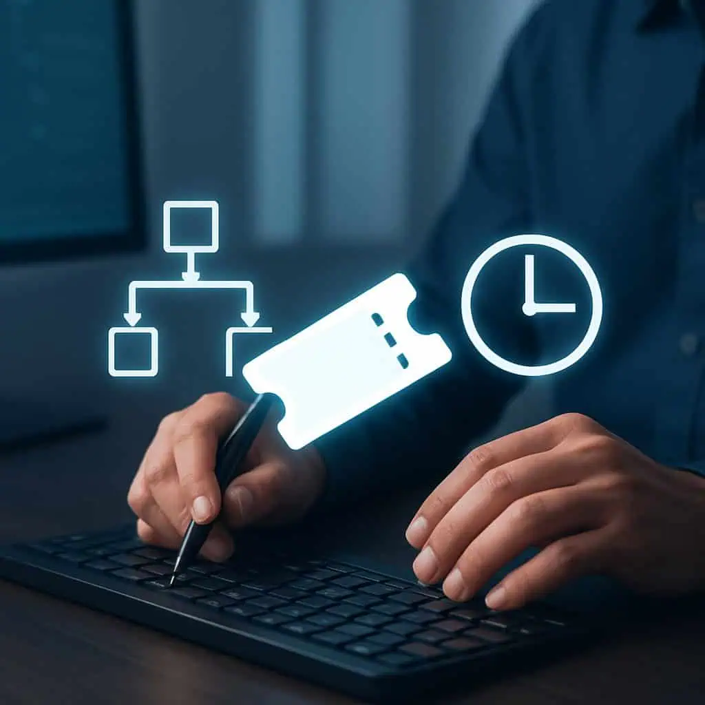 Person hält Stempel mit Uhrsymbol, Computer und Diagramm im Hintergrund.